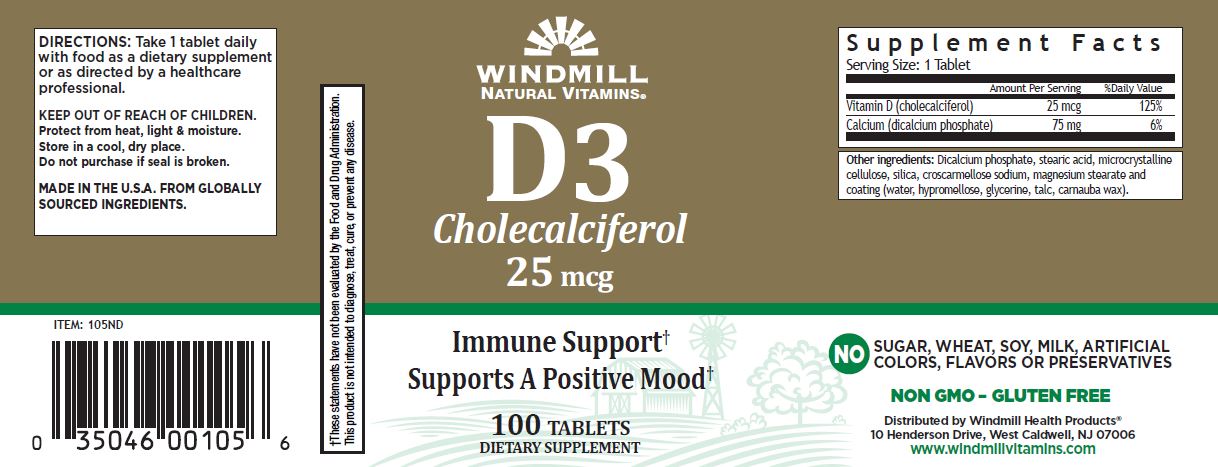 Vitamina D-3 25MCG (1000 IU) 100 Tabletas – Windmill