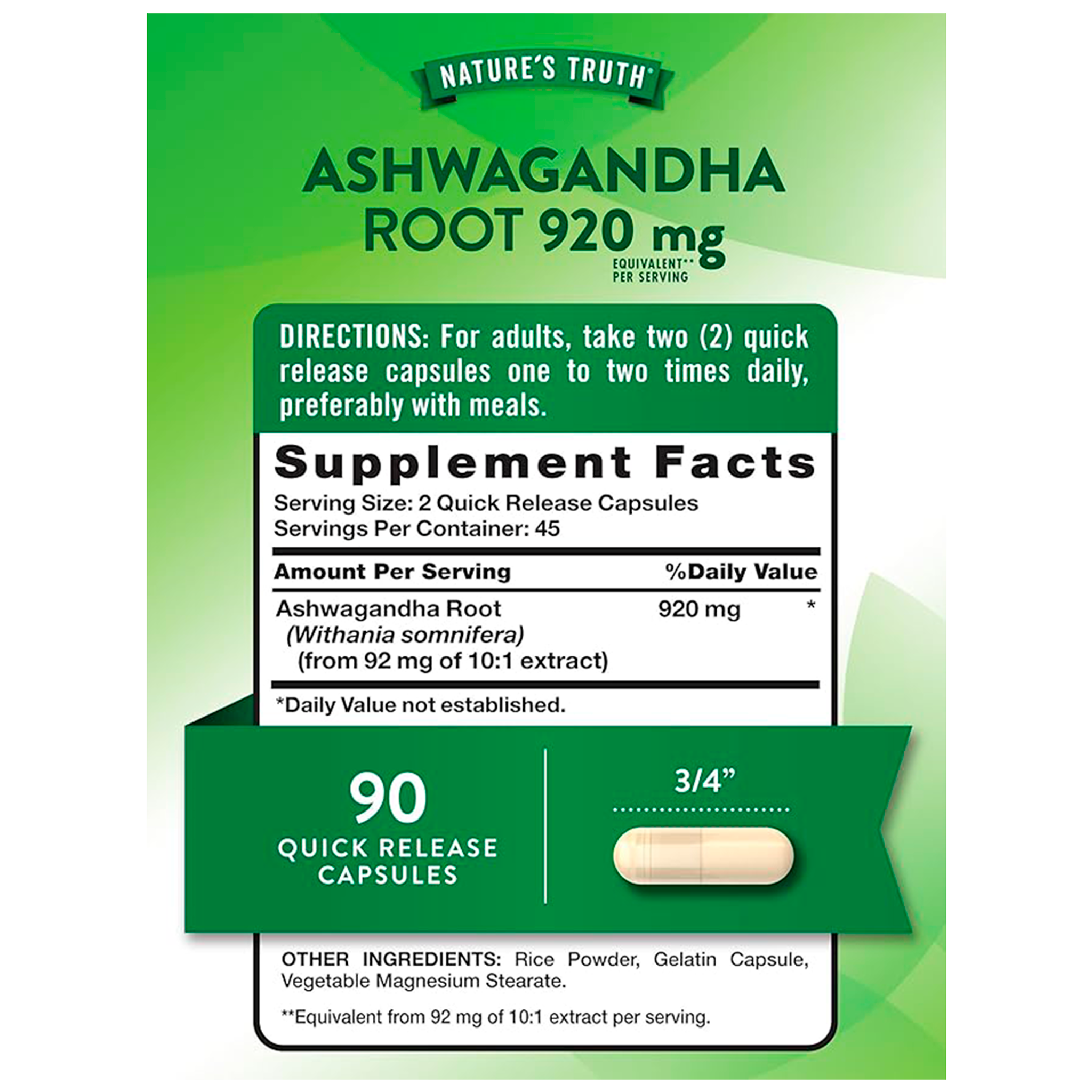 Ashwagandha Root 920mg 90 Caps - Nature's Truth