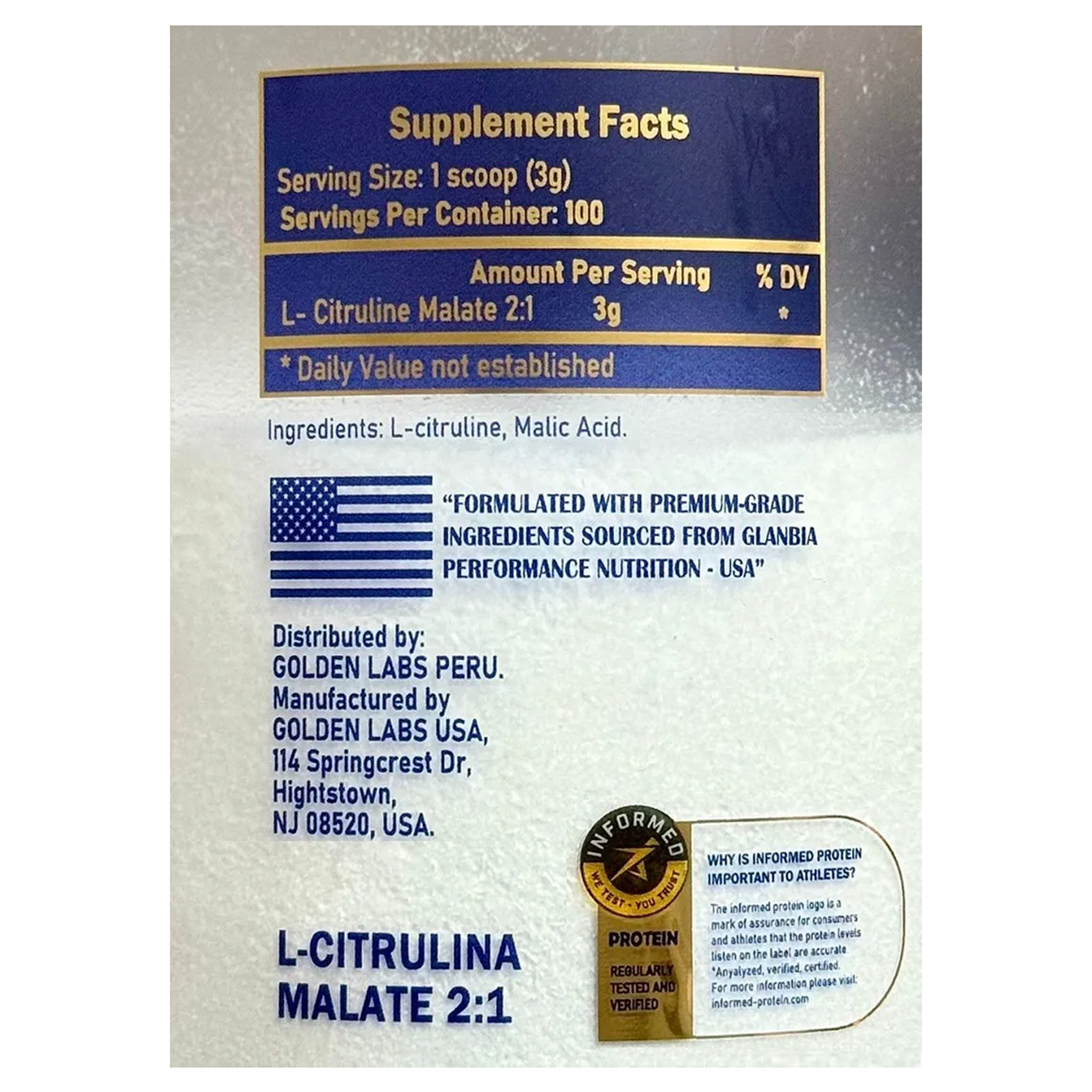 L-citrulina Malate 2:1 300g Sin Sabor - Golden Labs